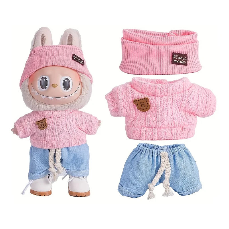 Tenue hiver Labubu pull rose tricot bonnet handmade