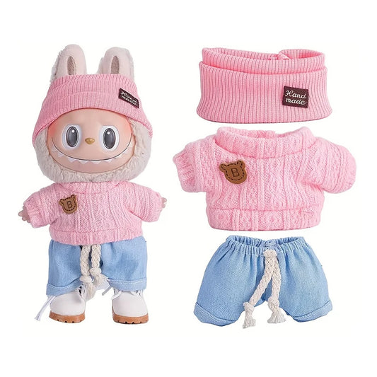 Tenue hiver Labubu pull rose tricot bonnet handmade